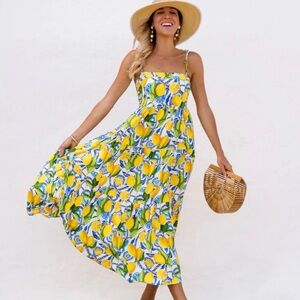 Kenny Flowers The Positano Resort Lemon Print Maxi Dress Size M